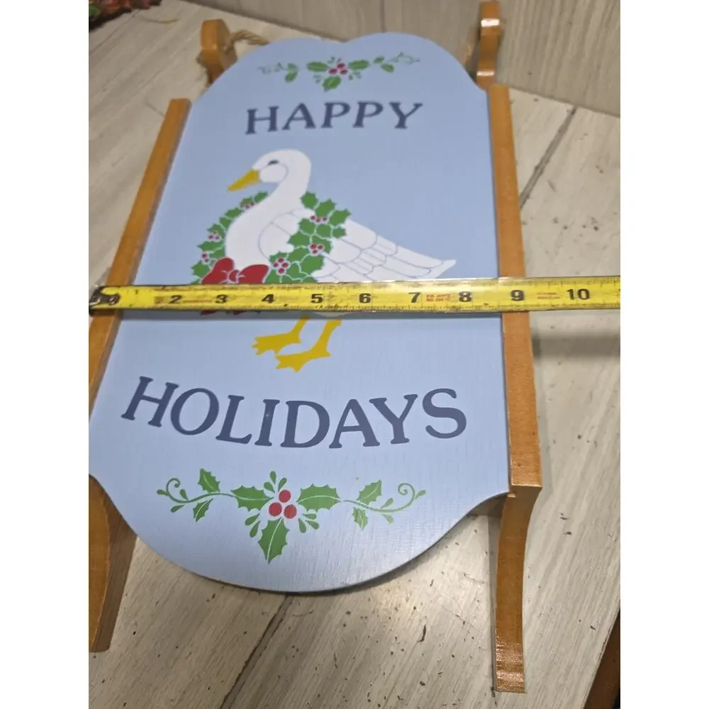 Vtg Happy Holidays Christmas Goose Sled Reversible Knick Knack Shelf Duck NIB